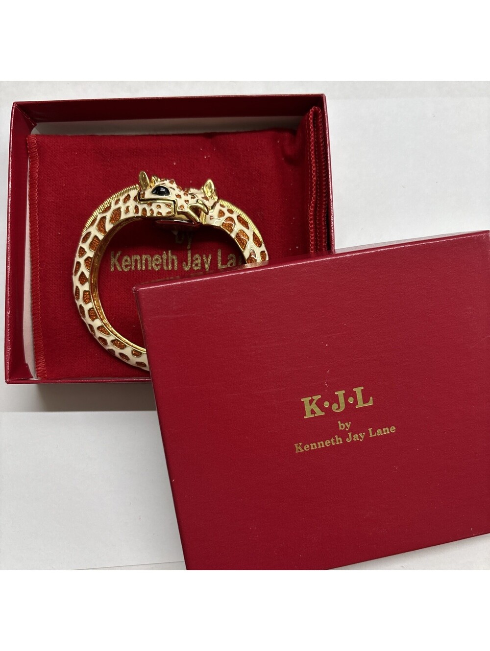Kenneth Jay Lane Giraffe Clamper Bracelet White Enamel Hinged with box and bag